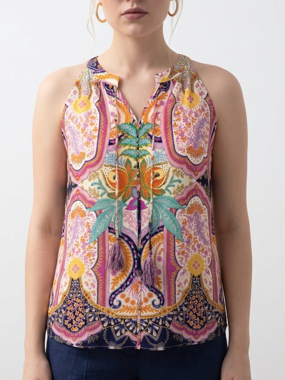 Rose & Olive - Multicolor Lavender Paisley Tie-Neck Camisole w/ Tassles Fun